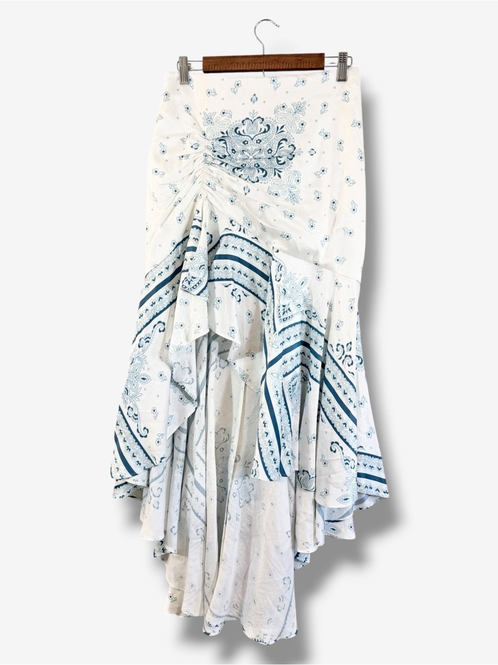 Cami NYC Bronte Skirt Size 10 Resort Bandana Blue White Maxi Hi Low Asymmetrical